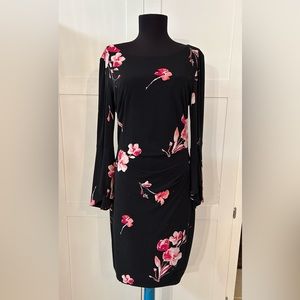 LAUREN RALPH LAUREN Dress Black Floral Faux Wrap Slinky Stretch Size 10